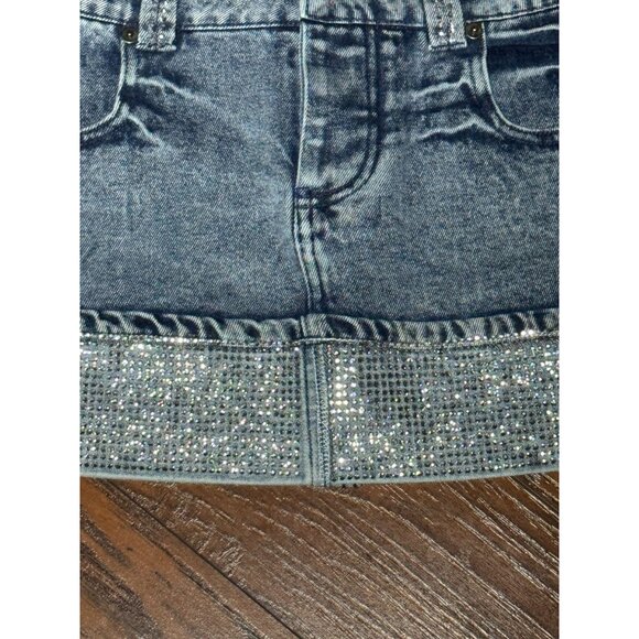 NEW Y2k Edge Womens M Denim Mini Skirt Rhinestone Trim Sparkle Bling Club party - Picture 6 of 10